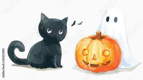 Watercolor illustration cute little ghost with pumpkin © Geforce