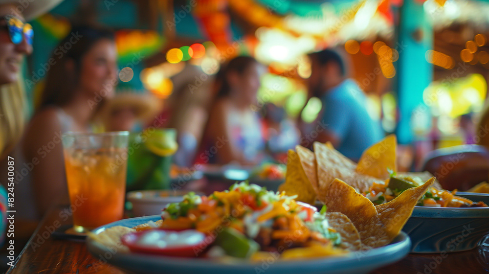 Amidst the colorful ambiance of a Mexican restaurant, a close-up shot captures friends laughing and enjoying Mexican food together