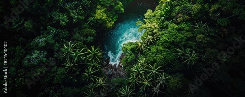 Aerial view of a lush green jungle with a tranquil blue river winding through dense foliage, showcasing the beauty of untouched nature.