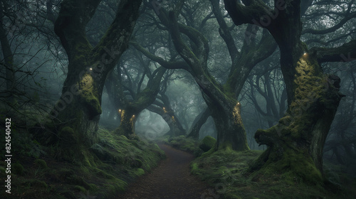 A close up of a path through a forest with moss on the trees