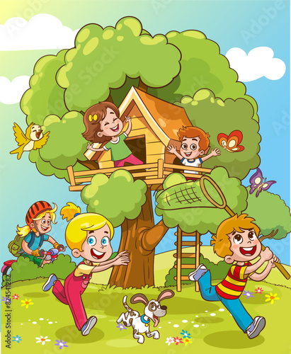 Vector illustration of children playing in tree house.