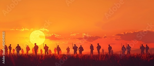 Solemn Memorial of Silhouetted Soldiers Honoring the Fallen Against Glowing Sunset Landscape photo
