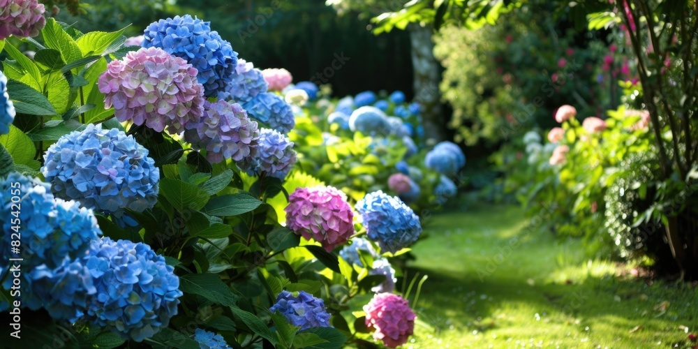 Garden Beauty: Hydrangea Flowers in Brittany Garden with Pink, Blue, and Green Colors Garden Beauty: Hydrangea Flowers in Brittany Garden with Pink, Blue, and Green Colors