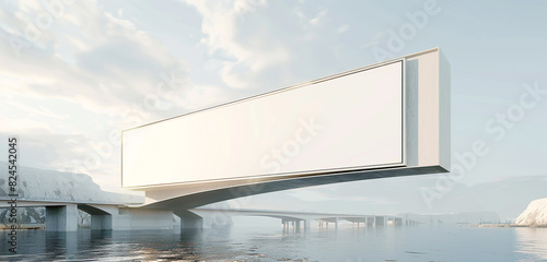 Realistic 3D render of a minimalist bridge with a blank billboard for impactful riverfront ads, accented with a light border. photo