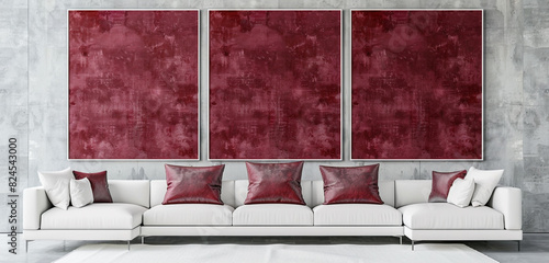 Elegant space showcasing three blank crimson canvases and white sofa, 3D rendering. photo