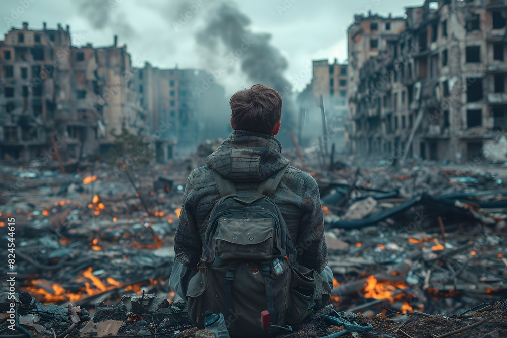 A man sits on the ground in front of destroyed buildings, city after war. Concept for postapocalyptic, wasteland or world end theme. A man sits on the ground in front of destroyed buildings, city after war. Concept for postapocalyptic, wasteland or world end theme.