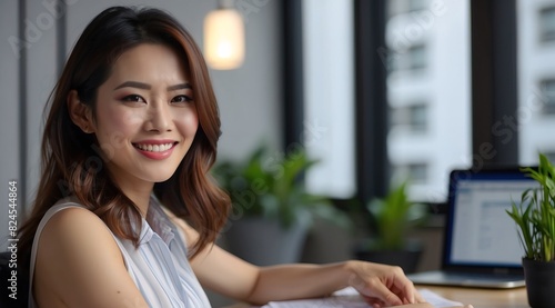Free Download Beautiful attractive asian woman model sitting in front of a laptop smiling - GFXLoad