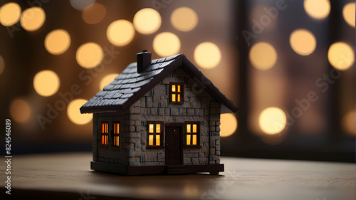 Figure of house and warm clothes on table against blurred bokeh lights. Home heating, money and energy saving concept