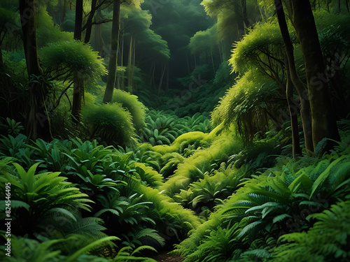 A lush, verdant world with emerald forests and jade oceans, where the sky is a vibrant shade of chartreuse and the sun shines a brilliant lime. Generative AI