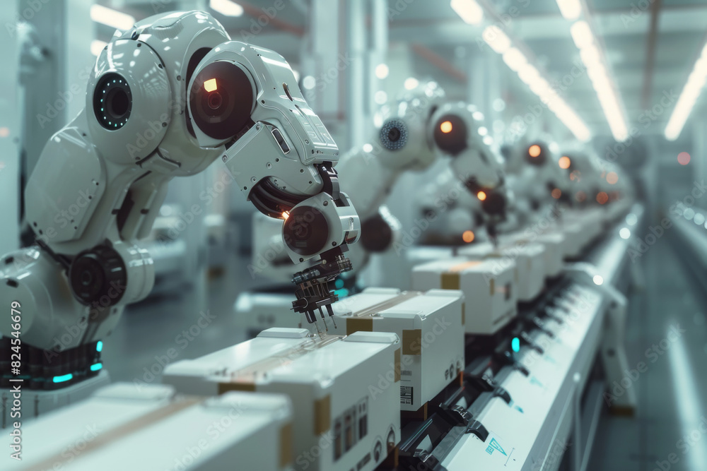 Robot arm sorting cardboard boxes on steel conveyor in warehouse.
Robot arm sorting cardboard boxes on steel conveyor in warehouse.
