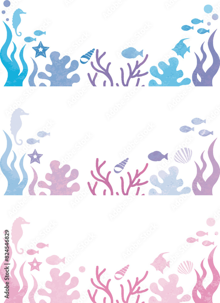 夏　海　シルエット　バナー　フレーム　飾り　あしらい　水彩　コピースペース　背景　イラスト素材セット