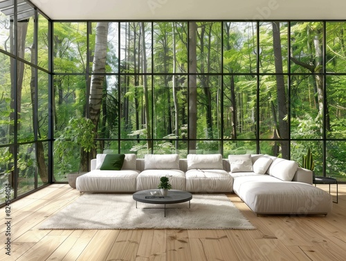 Photo of A parklike living room with large windows showing an expansive forest photo