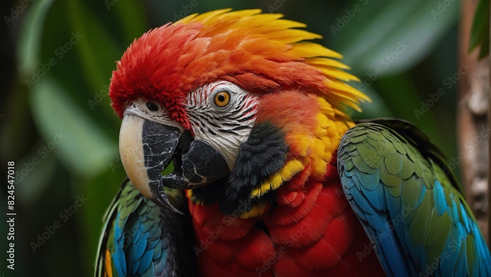 Close-Up of a Vibrantly Colored Macaw Parrot Perched on a Branch in a Lush Green Habitat