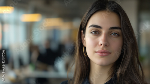 Wallpaper Mural A woman with long brown hair and earrings looking at the camera background blur office Torontodigital.ca