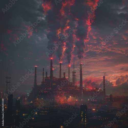 A heavily industrialized plant emitting smoke into the twilight sky  creating a dramatic and polluted urban landscape.