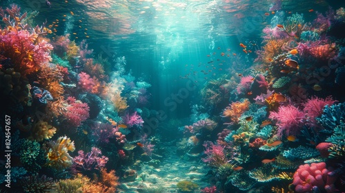 A vibrant coral reef brimming with diverse marine species, bathed in sunlight in a clear underwater environment.