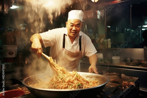 A chef expertly tossing noodles in a wok at a Chinese noodle stall.