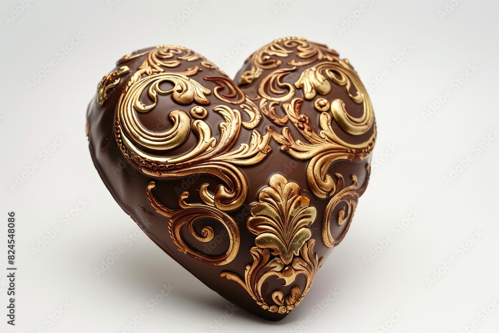 A heart shaped chocolate box adorned with intricate gold decorations, set against a white background. Generative AI A heart shaped chocolate box adorned with intricate gold decorations, set against a white background. Generative AI