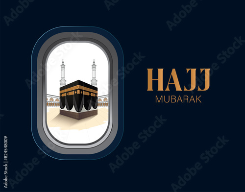 looking through plane window enjoying Beautiful Kaaba vector top view banner design for Hajj in Saudi Arabia. Hajj Mabrour and Eid Mubarak Concept 