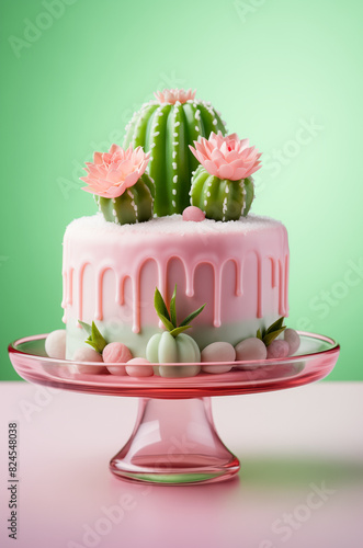 A visually stunning cactus themed cake with pink icing adorned with realistic cactus and succulent decorations on top. Perfect for celebrations and themed parties. photo