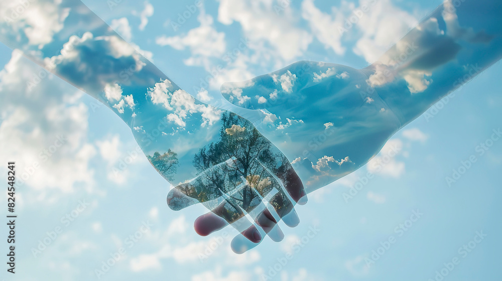 Conceptual image of two people holding hands against blue sky with clouds. Double exposure. Conceptual image of two people holding hands against blue sky with clouds. Double exposure.