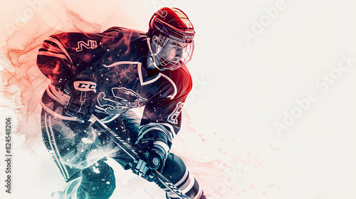 Ice hockey player with the stick and puck on ice background. Double exposure.