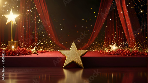 Golden star and glitter light on the red stage, award ceremony concept background
