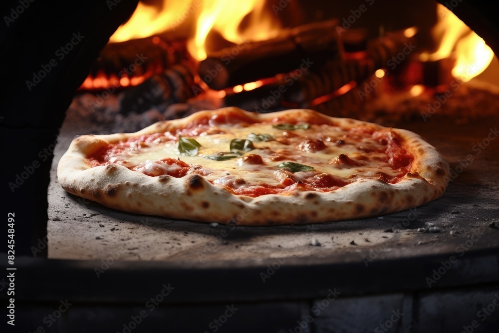 Freshly baked Neapolitan pizza emerging from a wood-fired oven. Freshly baked Neapolitan pizza emerging from a wood-fired oven.
