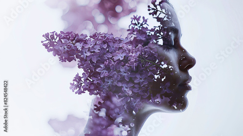 Beautiful woman face with lilac flowers in her hair. Double exposure.