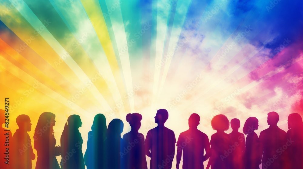 Diverse Group of People Illustration with Silhouetted Heads of Men and Women Uniting