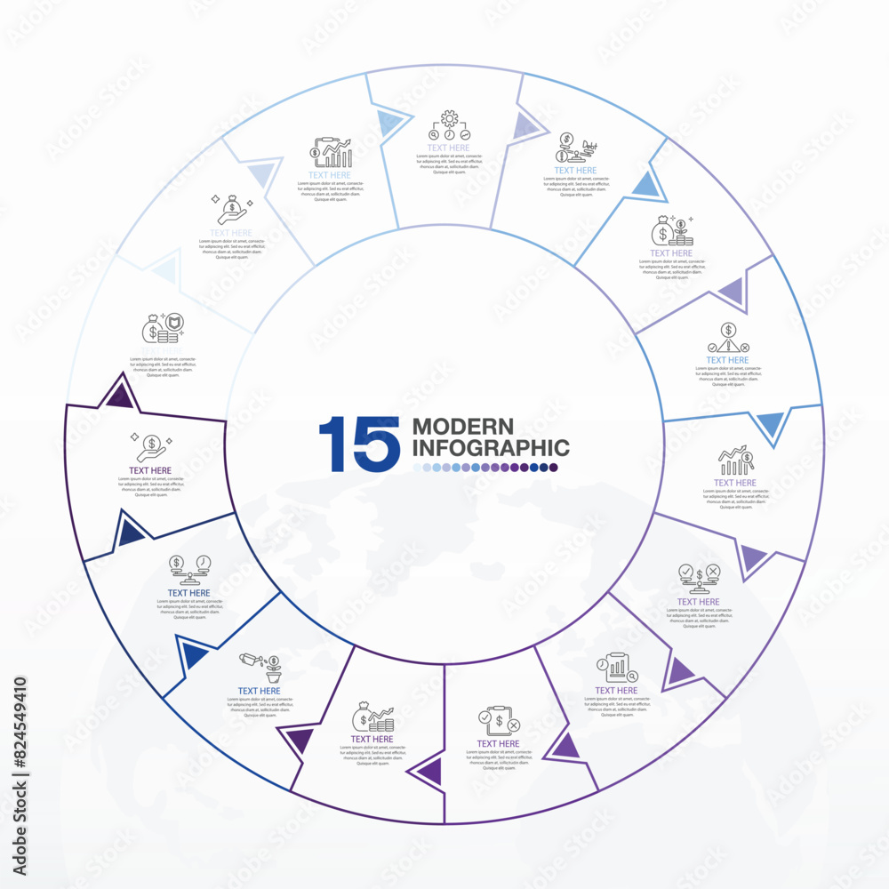 Fototapeta premium Blue tone circle infographic with 15 steps, process or options.