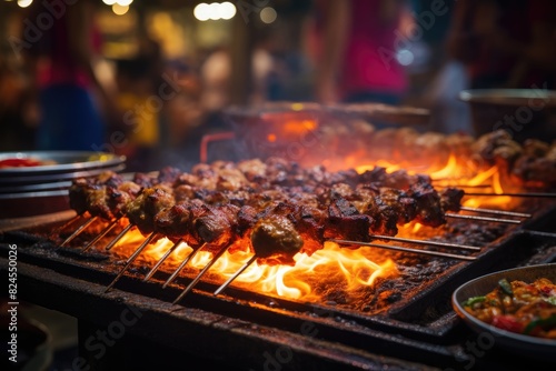 Turkish kebabs grilling on open flames in a vibrant market.