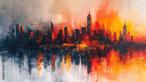An abstract painting of a city skyline growing in height alongside a rising chart  symbolizing urban development. photo