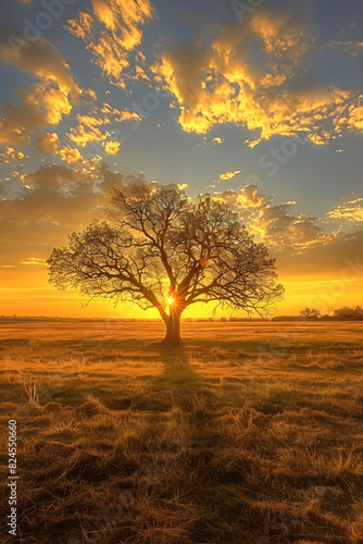 Serenity and Strength: A Lone Tree Basking in the Golden Glow of Sunset on an Open Field
