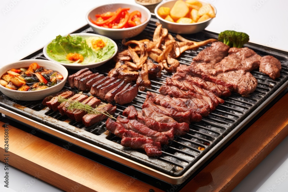 Korean barbecue sizzling on a tabletop grill. White background.