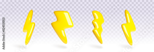 3d thunder icon. Energy lightning electric charge. Isolated yellow speed element. Electronic blitz deal graphic set. Thunderbolt shape symbol design for weather warning on transparent background