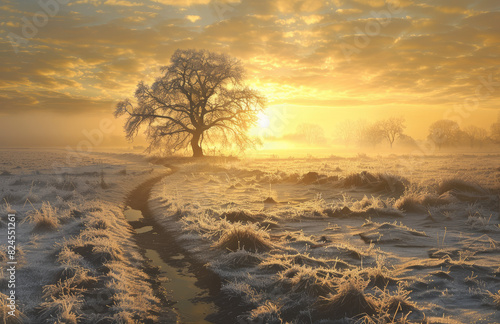 A beautiful sunrise over an icy field with footprints leading to the horizon. Created with Ai