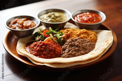 A plate of Ethiopian injera served with various stews.