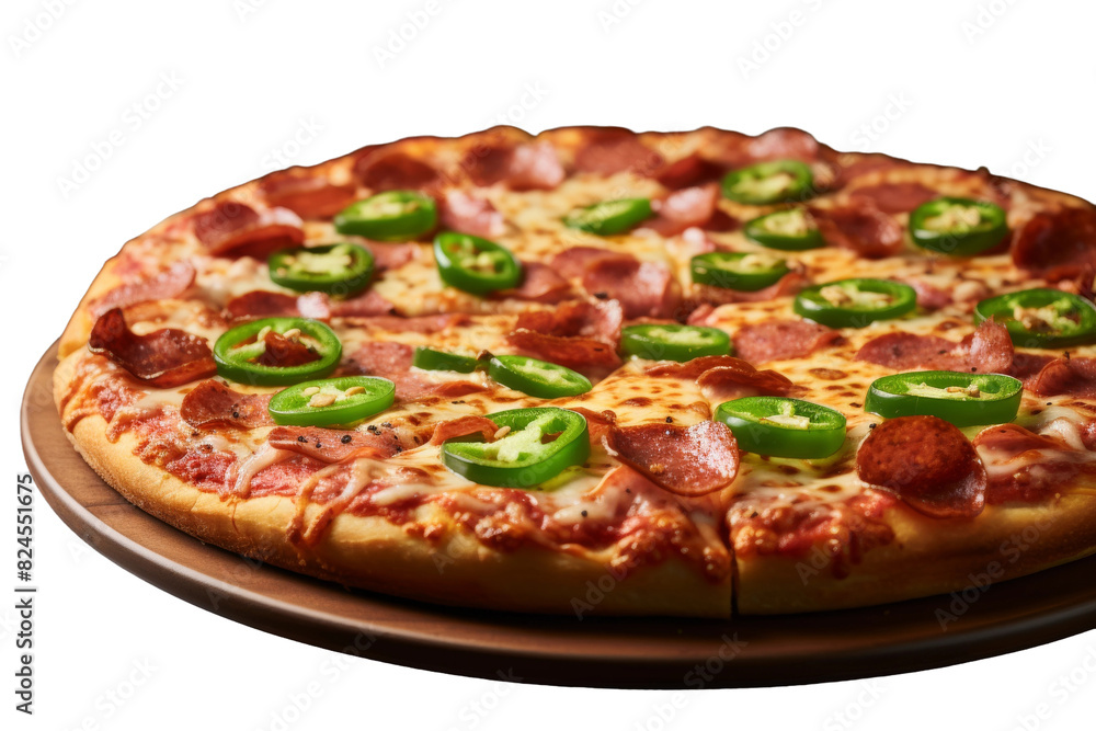Fiery Delight: Pepperoni and Jalapeno Pizza Dance on a Pan on a White or Clear Surface PNG Transparent Background.