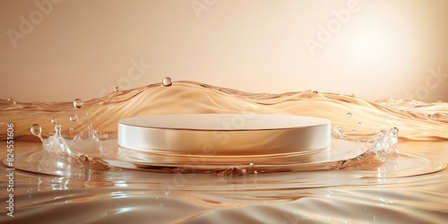 Glass Podium in the water for Advertising Products, Beige colors background, foundation cosmetic concept, light waves around. 3D rendering with copy space
