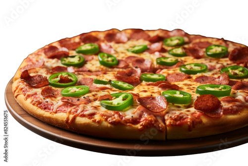 Fiery Delight: Pepperoni and Jalapeno Pizza Dance on a Pan on a White or Clear Surface PNG Transparent Background.