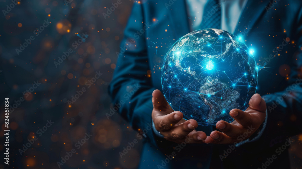 Hands Holding Digital Globe Representing Global Connectivity. Generative-AI. Hands Holding Digital Globe Representing Global Connectivity. Generative-AI.