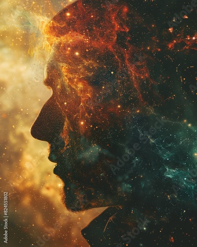 Silhouette of a person with a cosmic background, blending human profile and galaxy elements, representing a connection between humanity and the universe.