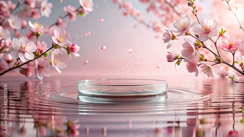 Glass Podium on the water and pink sakura flowers, pink background, light waves around. 3D rendering with copy space