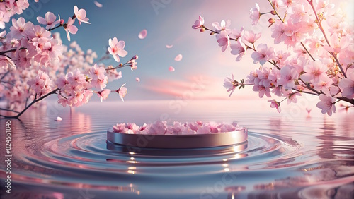 Glass Podium on the water and pink sakura flowers, pink background, light waves around. 3D rendering with copy space
