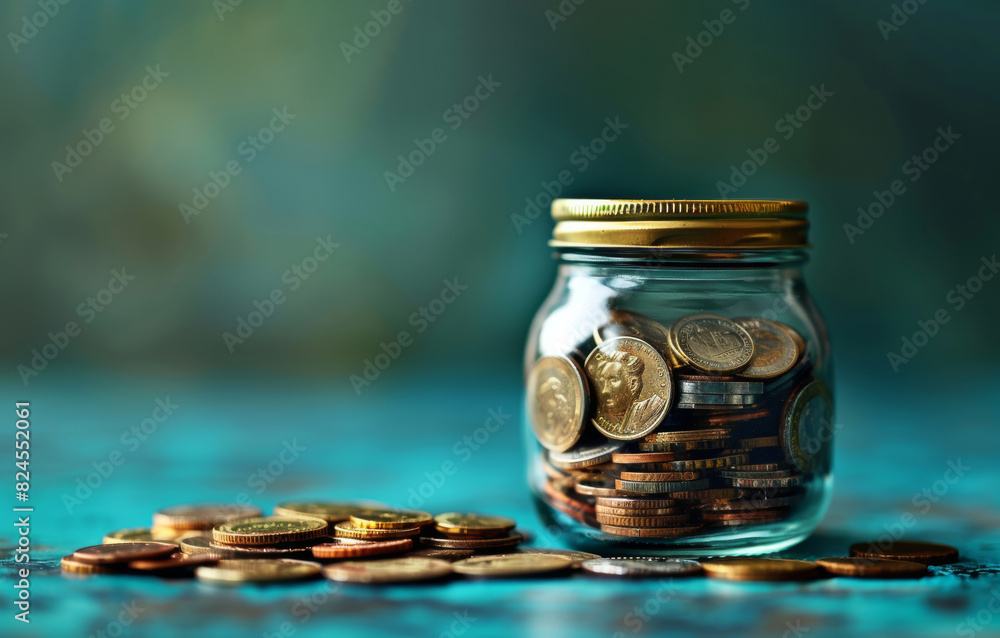 Jar of Coins on a Turquoise Background. Generative-AI Jar of Coins on a Turquoise Background. Generative-AI