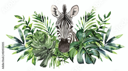 Watercolor Illustration zebra and tropical leaves Vector