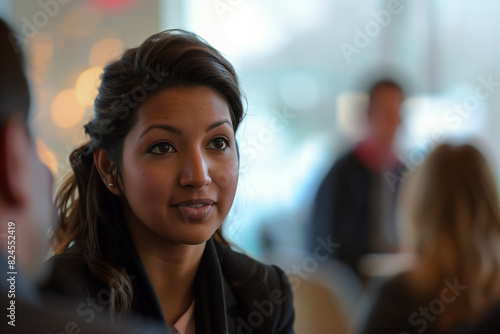 Soft-focus shot of a woman leading a discussion with blurred colleagues in the background, emphasizing leadership skills.