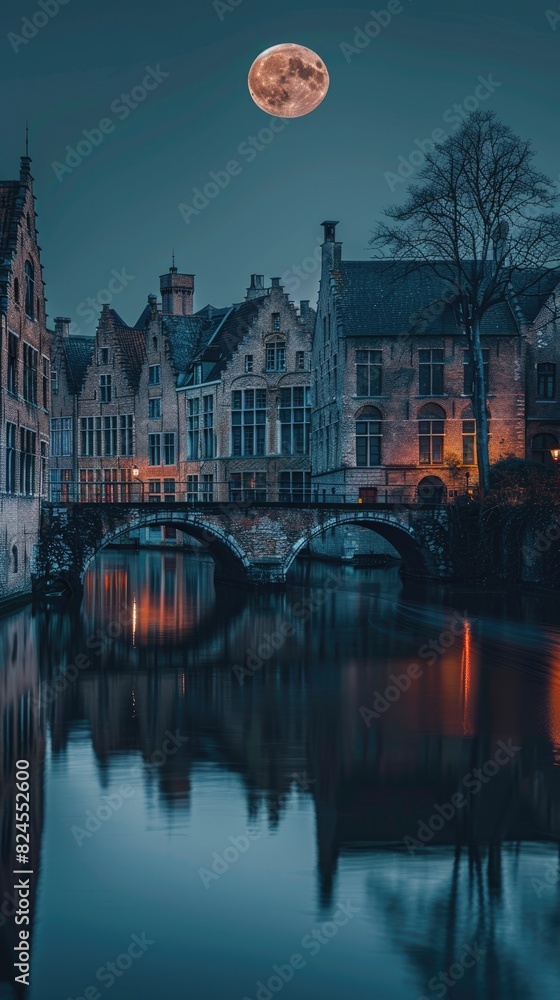 Fototapeta premium Old buildings and the big moon in European cities