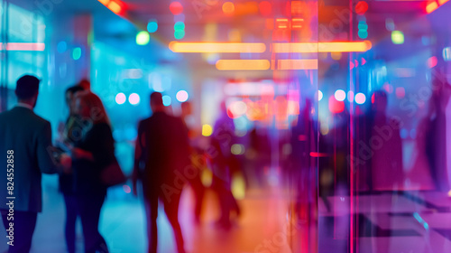 People walking through hallway with neon lights and glass wall